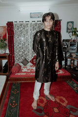 BLACK CHANDERI FOLI PRINT KURTA SET