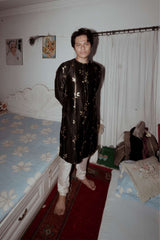 BLACK CHANDERI FOLI PRINT KURTA SET