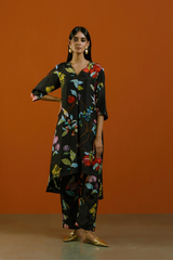 Black phool kimono kurta set