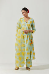 Aqua Green And Yellow Foil Print Kurta Set