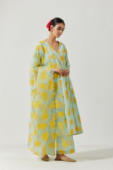 Aqua Green And Yellow Foil Print Kurta Set