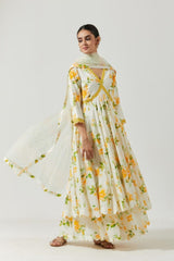 Ivory Multi Color Printed And Embroidered Kurta Set