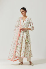 Ivory And Red Green Printed Kurta Set