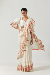 Ivory And Peach Printed Saree