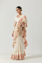 Ivory And Peach Printed Saree