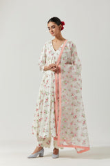 Ivory And Red Green Kurta Set