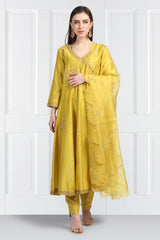 Champa Resham and Zari Angrakha Kurta With Chanderi Silk Pants and Hand Embroidered Dupatta