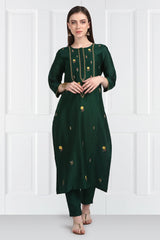 Panna Resham Yoke Zari Floral Buti Kurta With Chanderi Silk Pants and Dupatta
