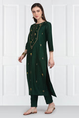 Panna Resham Yoke Zari Floral Buti Kurta With Chanderi Silk Pants and Dupatta