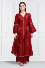 Gulnar Kalidar Kurta With Embroidered Palazzos and Organza Silk Dupatta