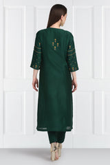 Panna Resham Flower Kurta With Zari Pants Organza Silk Scalloped Dupatta
