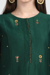 Panna Resham Flower Kurta With Zari Pants Organza Silk Scalloped Dupatta