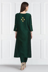 Panna Kaner Floral Resham Buti Kurta With Silk Pants and Organza Silk Scalloped Dupatta