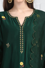 Panna Kaner Floral Resham Buti Kurta With Silk Pants and Organza Silk Scalloped Dupatta