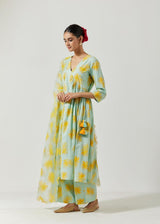 Aqua Green And Yellow Foil Print Kurta Set