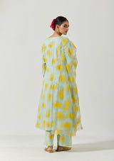 Aqua Green And Yellow Foil Print Kurta Set
