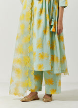 Aqua Green And Yellow Foil Print Kurta Set