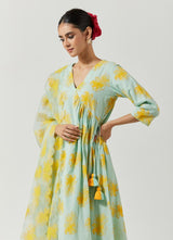 Aqua Green And Yellow Foil Print Kurta Set