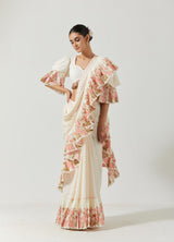 Ivory And Peach Printed Saree