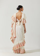 Ivory And Peach Printed Saree