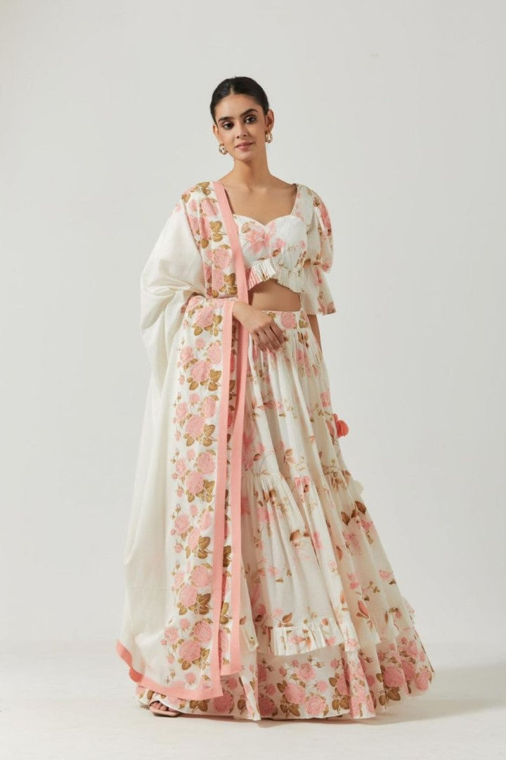 Ivory And Peach Printed Lehenga