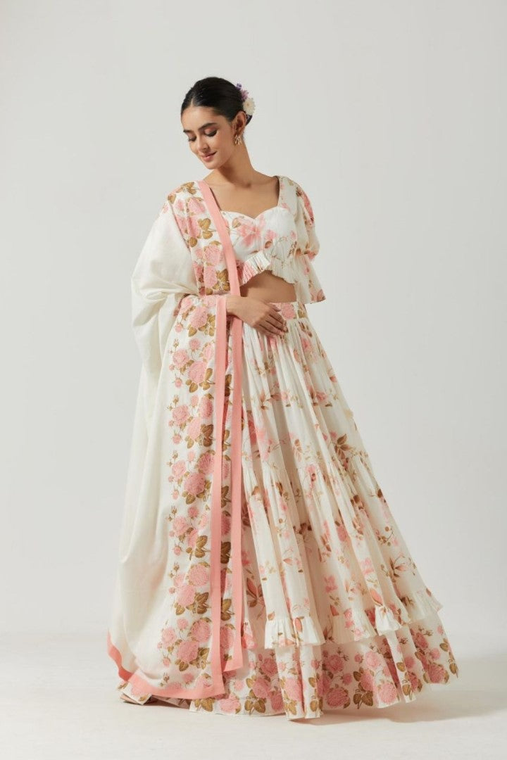 Ivory And Peach Printed Lehenga