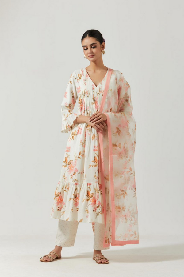 Ivory And Pink Printed Kurta Set