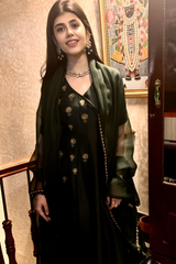 Sanjana Sanghi spotted wearing Shyama Resham and Zardozi Angarakha Kurta With Chanderi Silk Pants and Hand-Embroiderd Dupatta