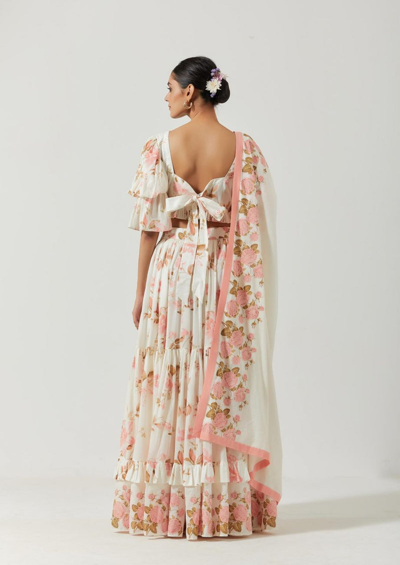 Ivory And Peach Printed Lehenga