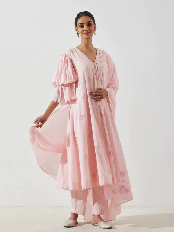 Blush Pink Cotton Mal Resham Embroidered Dupatta