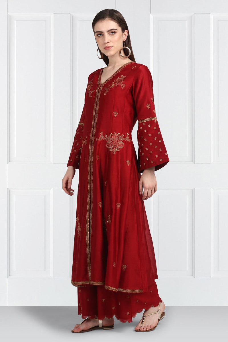 Gulnar Kalidar Kurta With Embroidered Palazzos and Organza Silk Dupatta