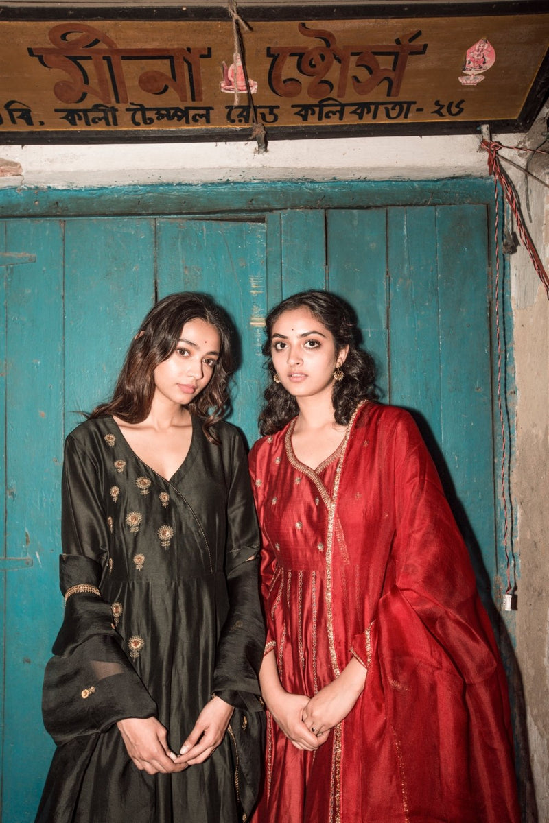 Shyama Resham and Zardozi Angarakha Kurta With Chanderi Silk Pants and Hand-Embroiderd Dupatta