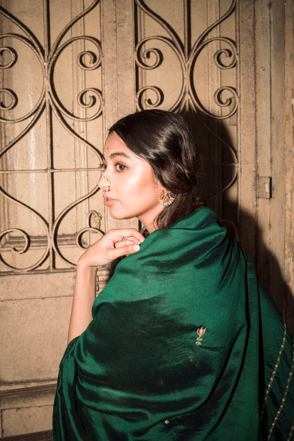 Panna Handwoven Sari With Resham Zardozi and Raw Silk Blouse