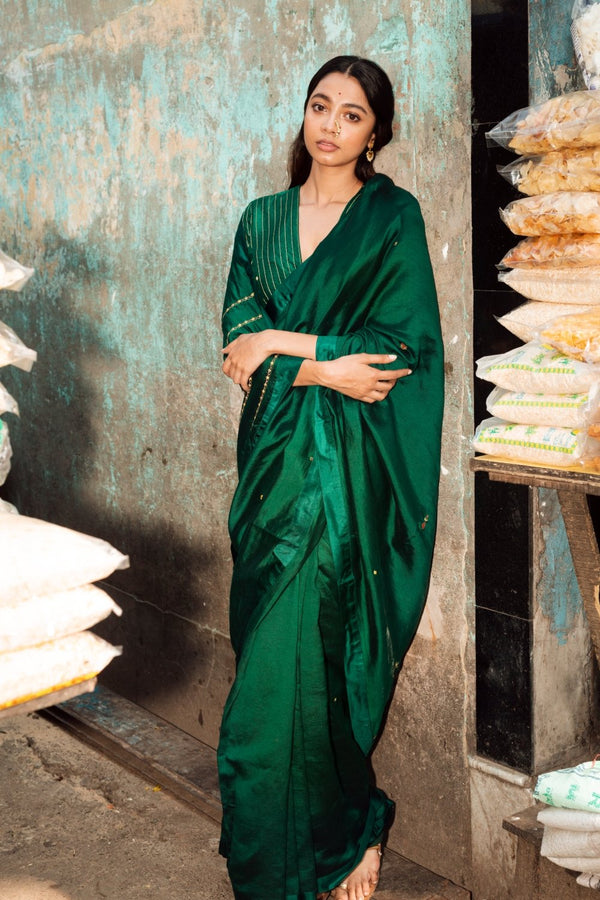 Panna Handwoven Sari With Resham Zardozi and Raw Silk Blouse