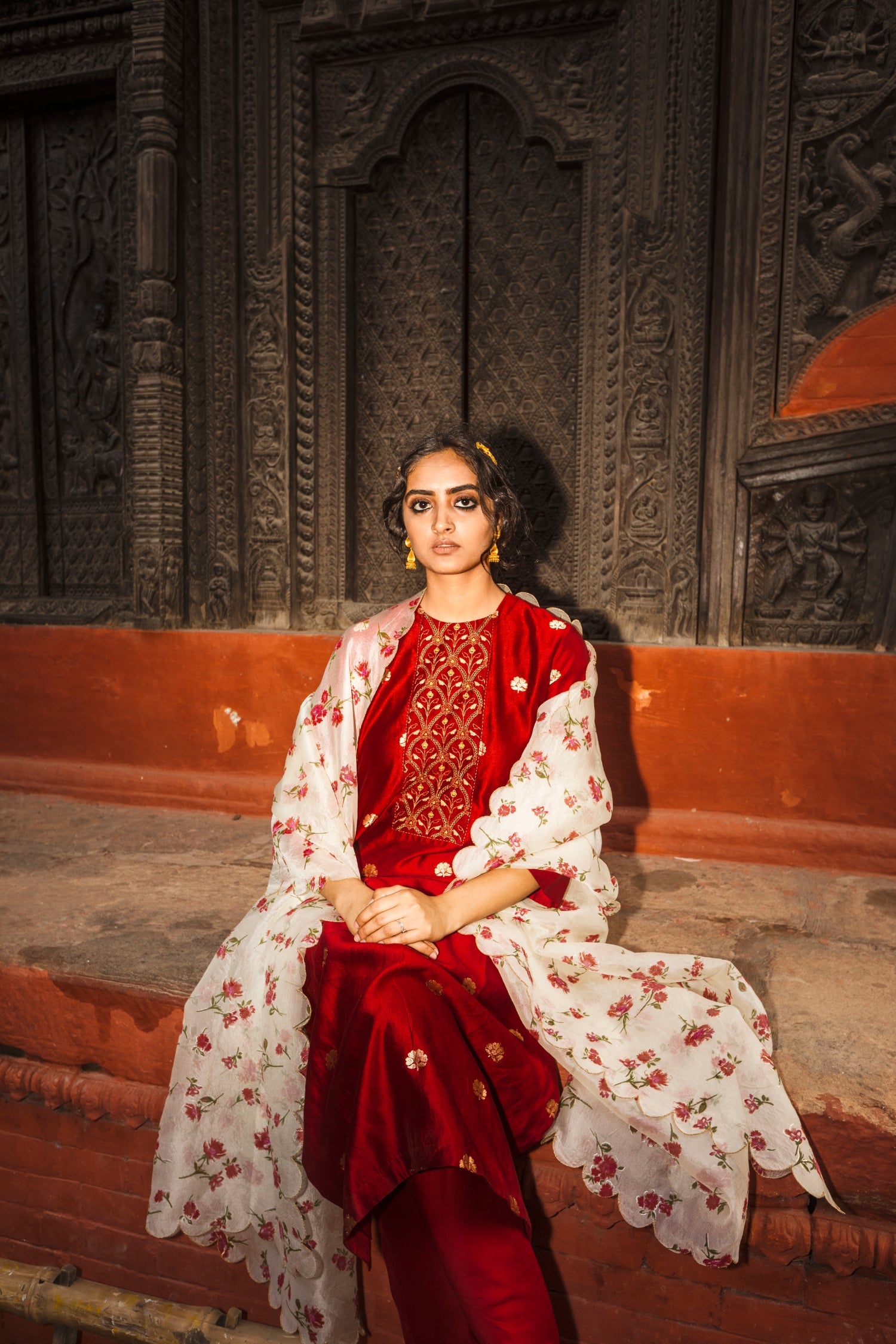 Kumkum Banarasi Buti Kurta with Parijaat Odhni – labelearthen